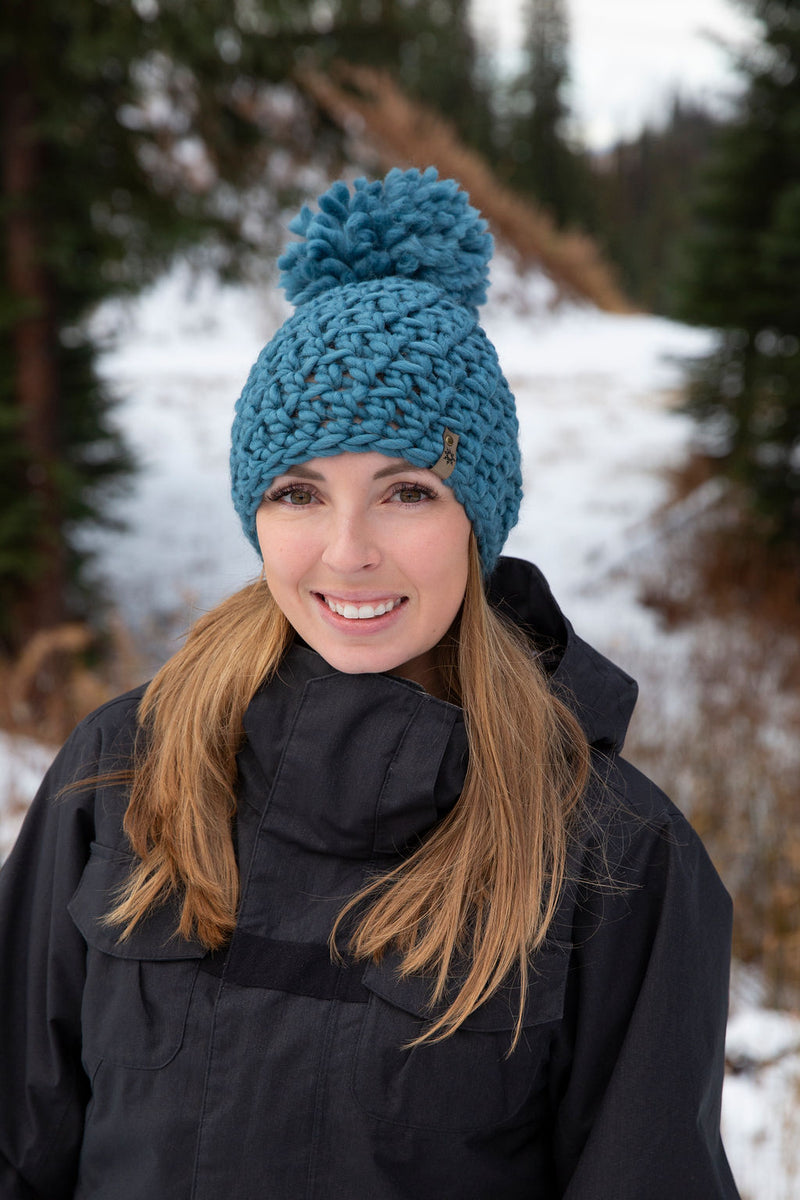 chunky hand crocheted merino hat with pom pom