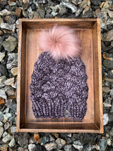 pink 100% merino wool hat with pom pom hand knit in Canada