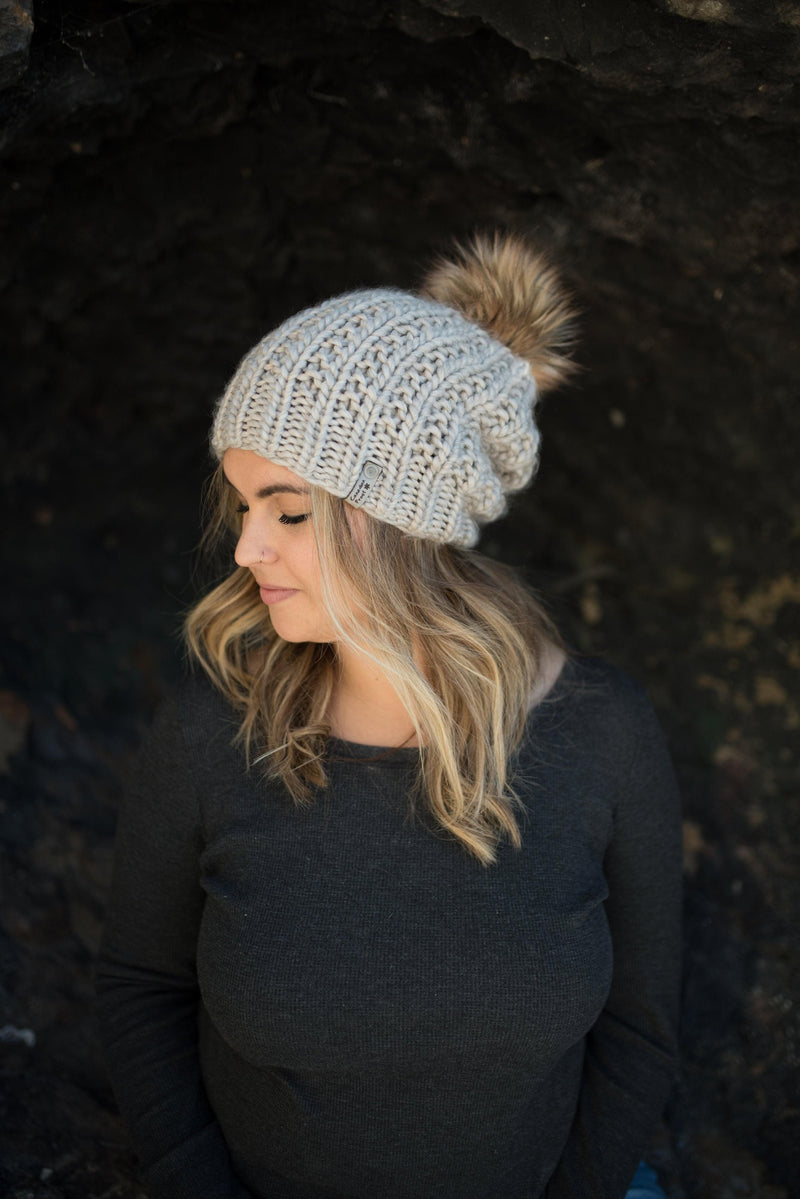 hand knit merino wool hat with pom pom made in Canada