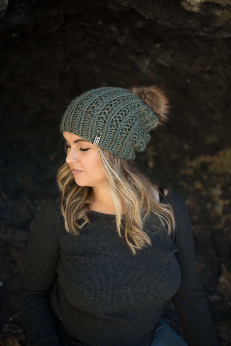hand knit merino wool beanie with pom pom made in Canada